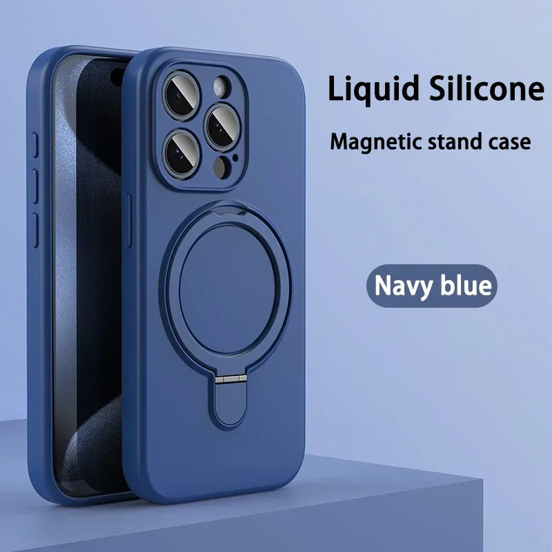 Liquid Silicone Magnetic Stand Case For iPhone 16 14 Plus 13 15 Pro Max 12 For Magsafe Wireless Charging Invisible Holder Cover