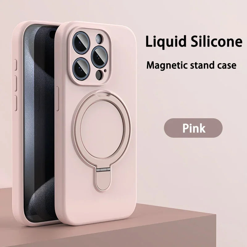 Liquid Silicone Magnetic Stand Case For iPhone 16 14 Plus 13 15 Pro Max 12 For Magsafe Wireless Charging Invisible Holder Cover