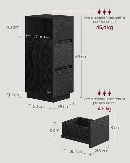 VASAGLE Bedside table (1-St) set/set of 2, narrow, side table table with 2 drawers, open compartment