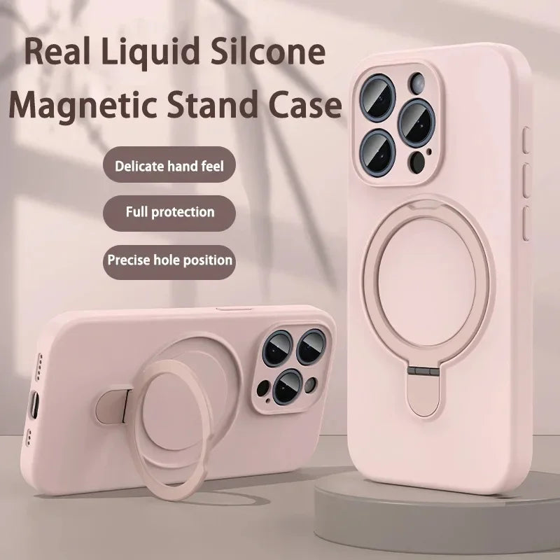 Liquid Silicone Magnetic Stand Case For iPhone 16 14 Plus 13 15 Pro Max 12 For Magsafe Wireless Charging Invisible Holder Cover