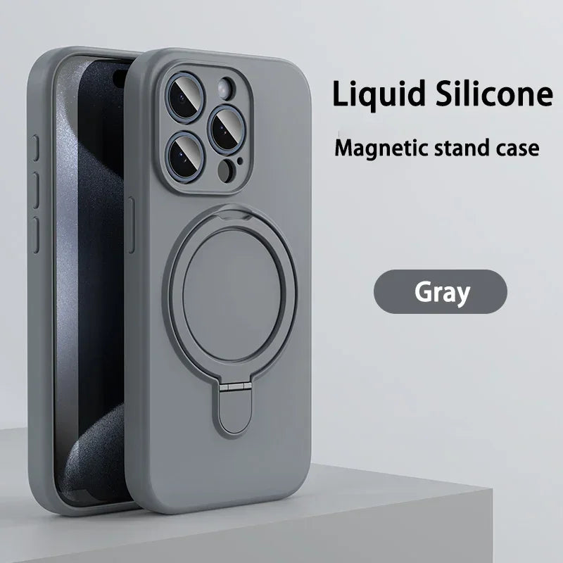 Liquid Silicone Magnetic Stand Case For iPhone 16 14 Plus 13 15 Pro Max 12 For Magsafe Wireless Charging Invisible Holder Cover