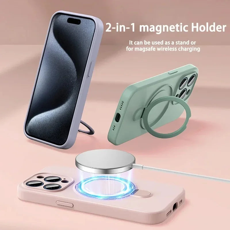 Liquid Silicone Magnetic Stand Case For iPhone 16 14 Plus 13 15 Pro Max 12 For Magsafe Wireless Charging Invisible Holder Cover